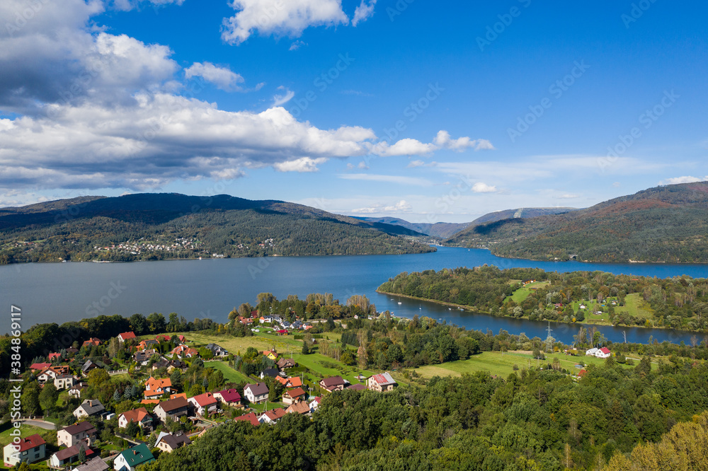Żywieckie Lake - a mountain lake in the city of Żywiec - beautiful landscape aerial shot