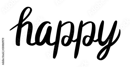 Word happy in black ink. Vector calligraphy, design template isolated. hand drawn lettering.