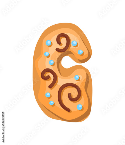 Cartoon cookies font. Confectioners stylized capital letter G. Vector english ABC baking in colored glaze. Creative gingerbread alphabet design. Childhood sweet biscuit and doughnut