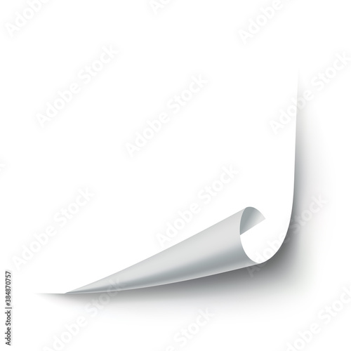 Curled paper corner. Curve page corner, page edge curl and bent paper sheet with realistic shadow. Paper corner fold isolated on white background