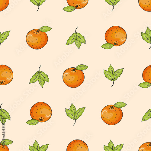 Seamless vector pattern with cute hand drawn oranges and leaves on orange background. Graphic texture for wrapping paper  invitation  card  gift  fabric  wallpaper  web  textile  advertising or poster