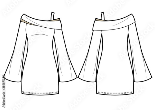 Shoulderless classic fit dress with flared sleeves. Fashion technical sketch. Vector illustration