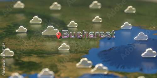 Cloudy weather icons near Bucharest city on the map, weather forecast related 3D rendering