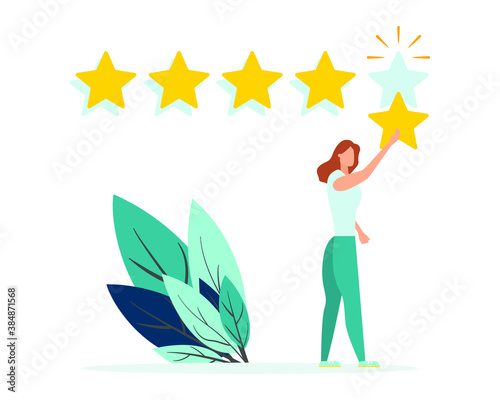 Customer review rating. Positive online feedback, product or service evaluation. Young woman giving five star rating. Flat vector illustration
