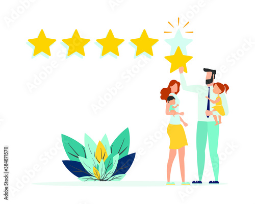 Rating of customer reviews. Positive online review, product or service rating. The young family gives a five-star rating. Flat vector illustration