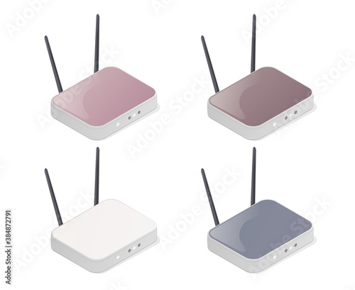 Isometric routers. Modem device. Wireless internet. Vector illustration. Isolated on white background.