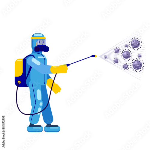 Electrostatic Disinfection Cleaning service. Man dressed in uniform in a special suit with equipment with electrostatic spray conducts disinfection. Vector illustration in a flat style