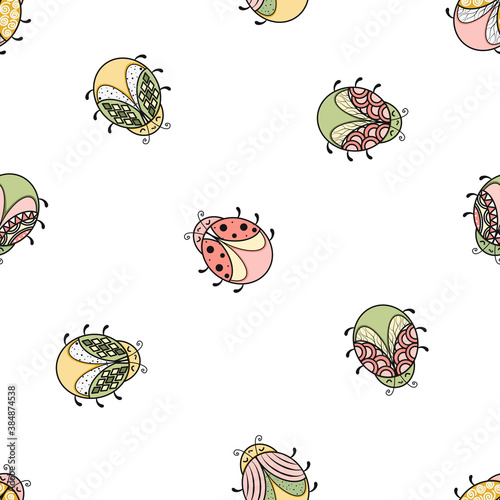 Seamless vector pattern with cute hand drawn bugs isolated on white background. Colorful graphic texture for kids clothing, nursery art, package, wrapping paper, banner, print, card, fabric, textile.