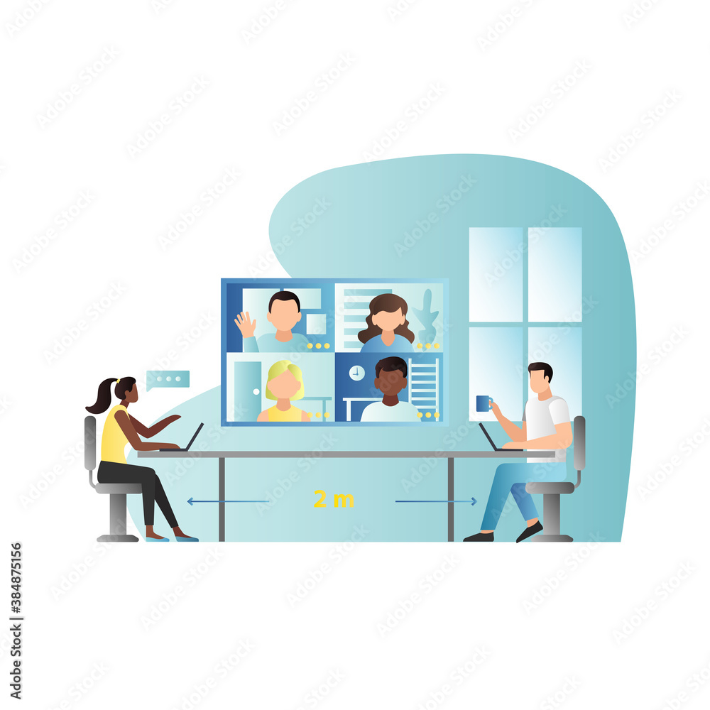 Remote work with distance of 2 m between employees in office. Communication with colleagues via video communication, in messengers. Work from home. Discussion of working moments, questions online. Remote work with distance of 2 m between employees in office. Communication with colleagues via video communication, in messengers. Work from home. Discussion of working moments, questions online.