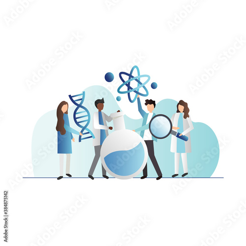 Vector scientists stand with test tube,magnifier,flask,dna,atom. Scientists are exploring something new, making discoveries. People in white medical bathrobe. Physicist, geneticist, biologist in team.