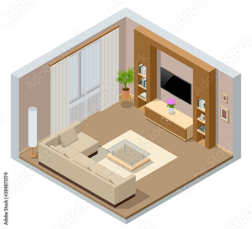 Isometric large luxury modern bright interiors room. Modern living room interior of real home isolated on white