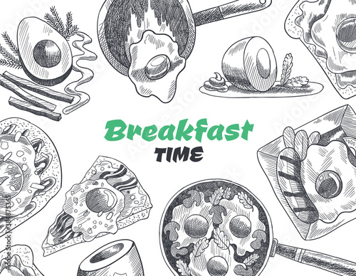 Breakfasts and brunches top view. Food menu cover design. Vintage hand drawn sketch vector illustration. Good nutrition