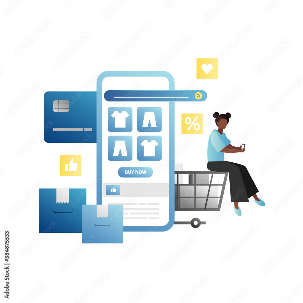 Girl,woman with smartphone sits on shopping cart,chooses things in an online store.Online payment by credit card.Search and selection of purchases in store.In the phone there is an application,website Girl,woman with smartphone sits on shopping cart,chooses things in an online store.Online payment by credit card.Search and selection of purchases in store.In the phone there is an application,website