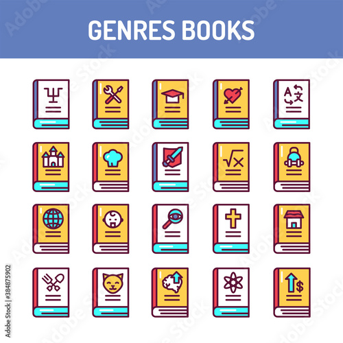 Genres of books color line icons set. Vector illustration