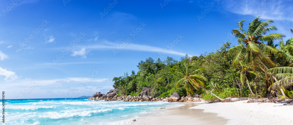 Seychelles Anse Georgette beach Praslin island palm panoramic view vacation sea
