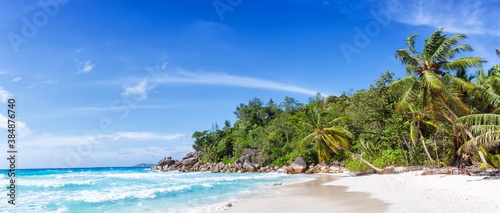 Seychelles Anse Georgette beach Praslin island palm panoramic view vacation sea