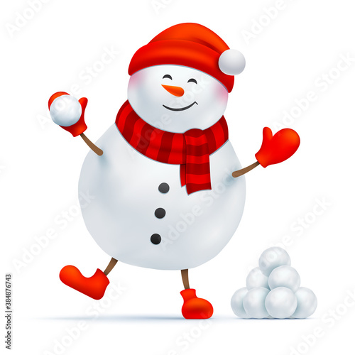 Happy snowman playing a snowball game. Vector illustration of smiling Santa Claus, standing near the bunch of snowballs and holding a snowball in his hand. Character for Christmas design decoration.