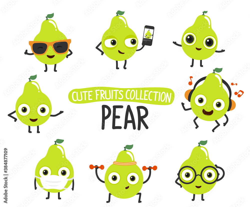Cute pear cartoon characters set.To see the other vector fruit cartoon illustrations , please check cute fruits collection. Cute pear cartoon characters set.To see the other vector fruit cartoon illustrations , please check cute fruits collection.