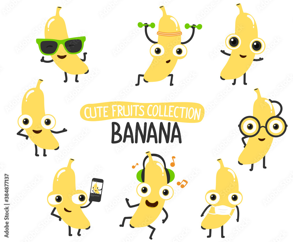 Naklejka premium Cute banana cartoon characters set.To see the other vector fruit cartoon illustrations , please check cute fruits collection.
