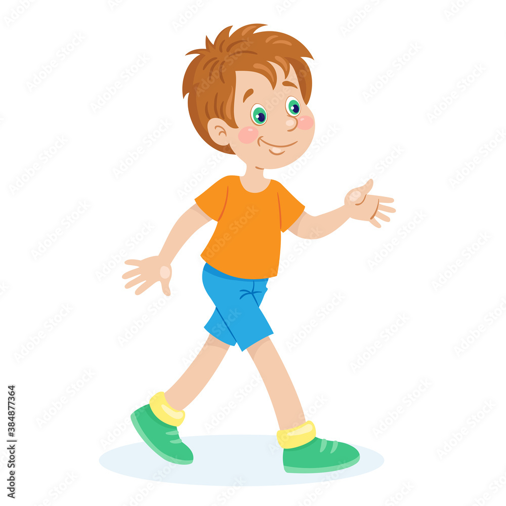 Funny little boy going. In cartoon style. Isolated on white background. Vector flat illustration.
