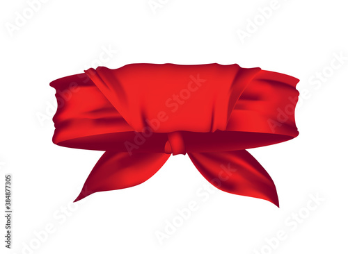 Red realistic bandana on neck. Youth fashion neck scarf or cowboy garment element template. Biker face scarf, bandanna neck shawl. Blank handkerchief unisex uniform. Western clothes