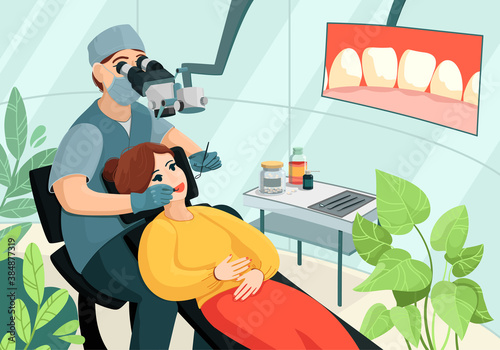 Dentist doctor in a mask looks through the dental microscope at the patient's teeth. Woman shows teeth in the chair. Special tools are on the table. Image of teeth on the screen.