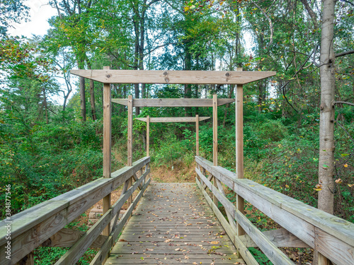 wooden bridge on the trail in the park in fall