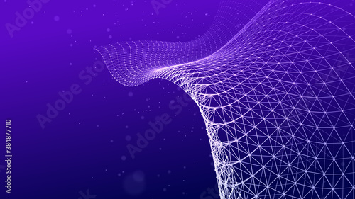 Particle placement with hanging dots in space. Wave of particles. Wave with connecting dots and lines. Space abstract. Landscape background . Abstract gradient dynamic wave of particles. 3d rendering.