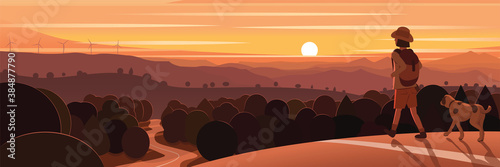 Beautiful Landscape Road and Travelers Scene Panoramic Banner