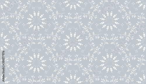 Vector floral seamless pattern. White silhouettes on a gray background.