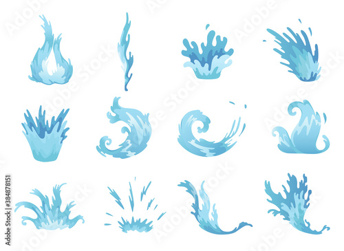Water splash. Blue water waves set, wavy liquid symbols of nature in motion. Isolated vector design elements