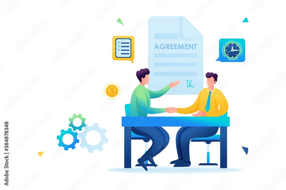 Merger of companies, businessmen sign an agreement. Flat 2D. vector illustration Web design