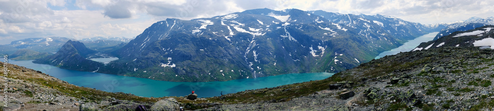Breathtaking panoramic view on the Gjende fjord from the Besseggen hiking trail