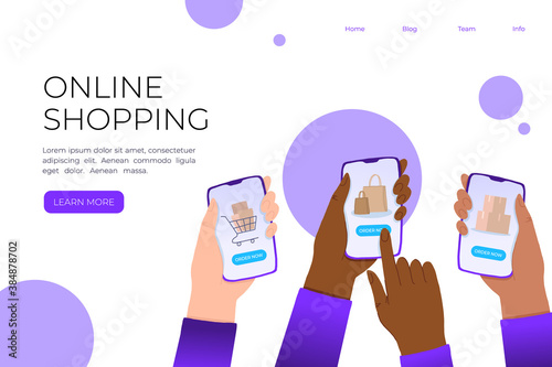 Multiracial Hands holding smartphone with order now button on the screen. E-commerce flat design concept. Using mobile smart phone for online purchasing. Order from home.