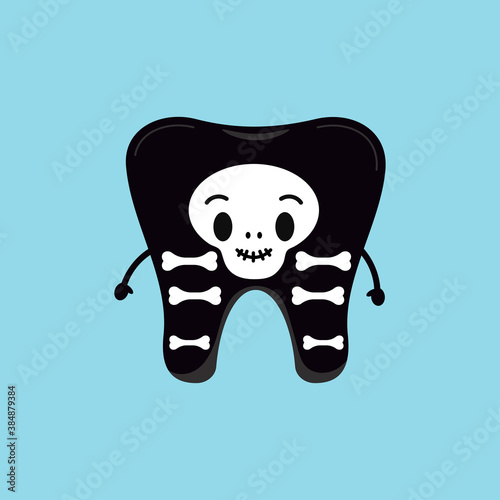 Cute tooth in skeleton costume isolated vector icon. White tooth in black with bones Halloween carnival costume - dental character for dentist halloween card. Flat design cartoon style illustration.