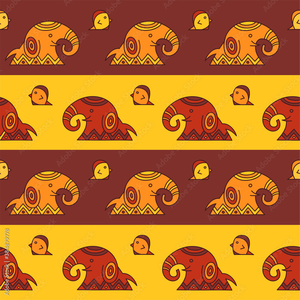 Vector seamless pattern with elephants and birds in ethnic style. Tribal endless ornament for your design in warm colors