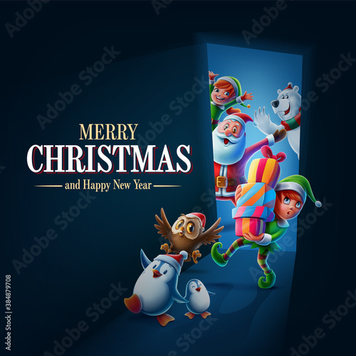 merry christmas card with santa claus elf and animals delivering presents