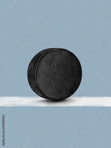 Obraz na plátně Minimalistic drawing of a hockey puck on a line on the ice