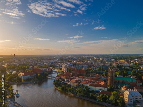 Aerial panoramic view of Wroclaw old town and Cathedral on the shore of Odra © Audrius