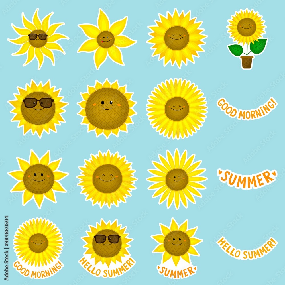 Set of funny vector sunflowers stickers. Cartoon  smile plants.  With quotes. Positive emotions. For design of cards, posters, patterns,  printing on t-shirts, mugs, avatars, magnets. Stock Vector | Adobe Stock