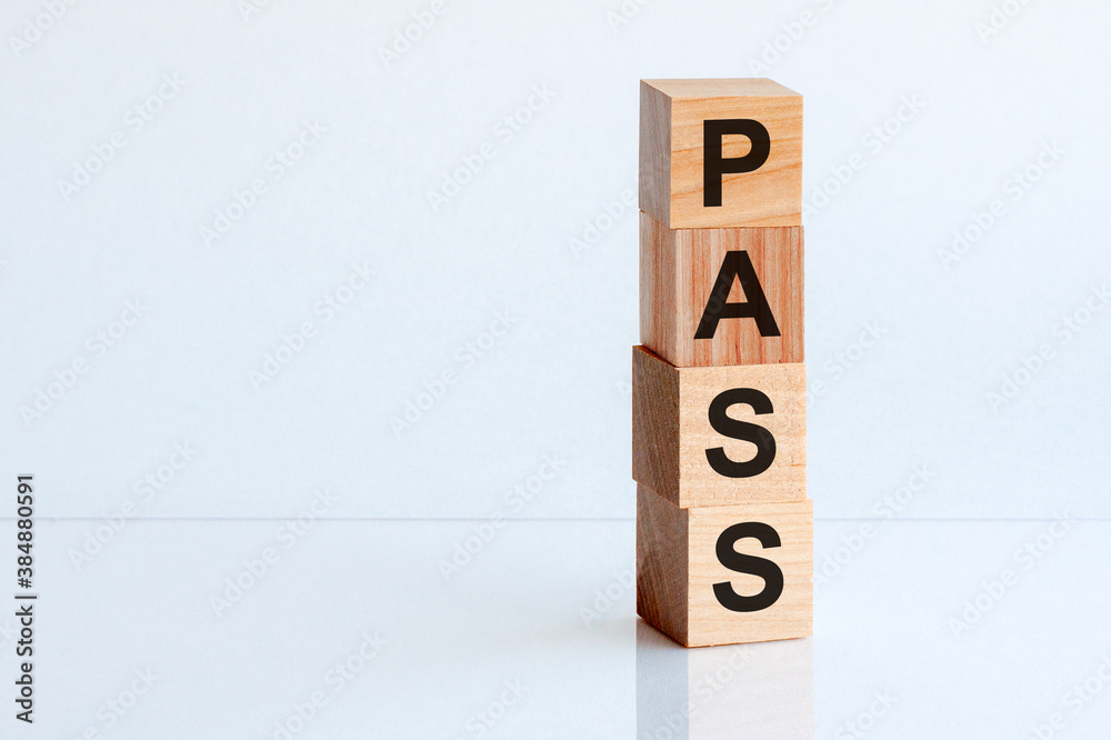 PASS - words from wooden blocks, front view PASS - words from wooden blocks, front view