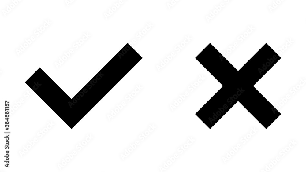 Yes and No or Right and Wrong or Approved and Declined Icons with Black Check Mark and X Cross Sign. Vector Image. Yes and No or Right and Wrong or Approved and Declined Icons with Black Check Mark and X Cross Sign. Vector Image.