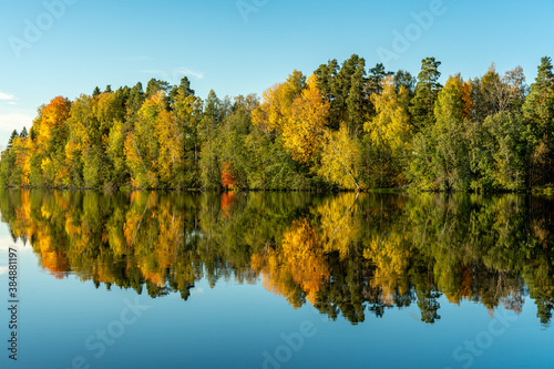 Beautiful autumn colored trees along the Dal river in Sweden