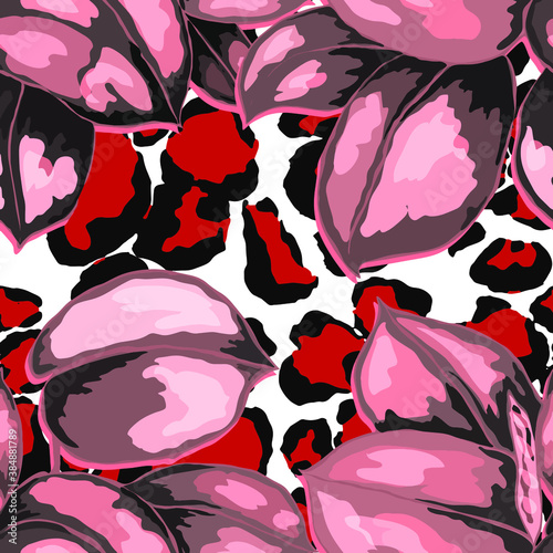 Tropical seamless pattern on animalistic texture. Jungle exotic summer print. Summer tropical leaf. Tropical flower fashion pattern. Floral tropic illustration. Vector seamless pattern.
