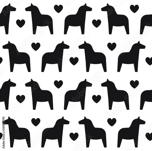 Vector seamless pattern of black flat Swedish dala horse silhouette isolated on white background