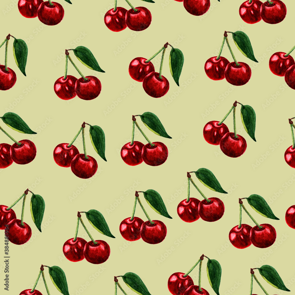 Wallpaper with bright seamless pattern of cherry. Watercolor berries for textile design, decor, postcards, invitations.