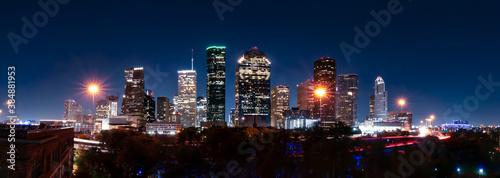 Downtown Houston skyline panorama at night.