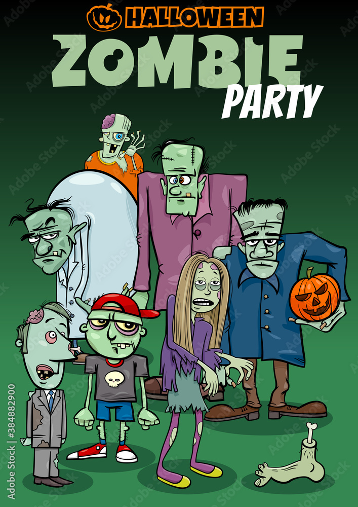 Halloween holiday cartoon poster or invitation design with zombies