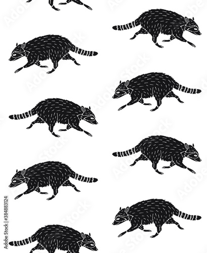 Vector seamless pattern of black hand drawn doodle sketch raccoon isolated on white background