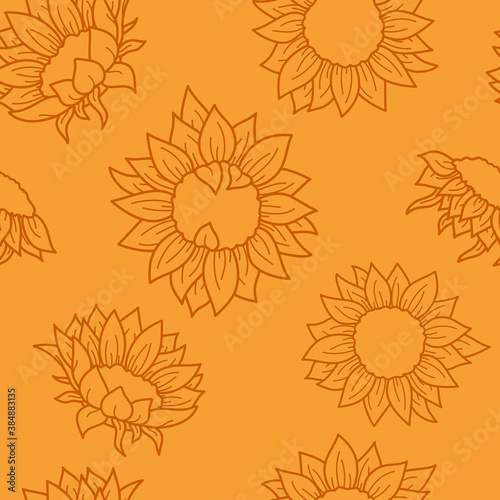 Seamless vector pattern with hand drawn sunflowers. Brown line objects on orange background. For invitation  package  banner  print  card  fabric  label  advertising  textile  wrapping paper  web.